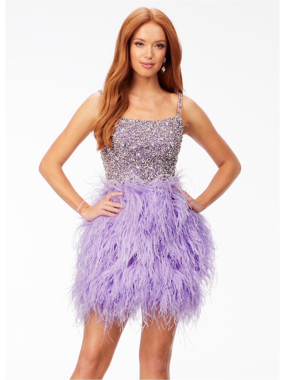 Lilac Sequin Bodice Feather-Trim Mini Dress